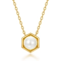 Collar de plata S925 bañada en oro con perla blanca en elegante marco hexagonal - Perla Artificial de Junio