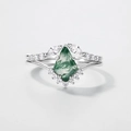 Kite-cut green moss agate stacked rings set with sparkling marquise side stones - US6# / Silver