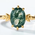 Ovaler Moosachat Ring in vergoldetem S925 Silber mit Vintage-Halbmond-Akzenten - Verstellbares Offenes Design (HK12#) / 10K Gold (Grüner Moosachat)