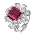 Lussuoso anello in argento S925 con gemma rossa quadrata e design floreale a raggiera - HK13# / Rosso
