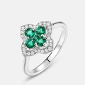 S925 sterling silver ring featuring green emerald clover petals with white zircon accents - US6# / Thick Silver White Gold