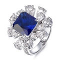 Elegant S925 silver ring featuring a large square blue gemstone with floral zircon halo - HK13# / Blue