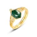 Vintage-Ring aus S925-vergoldetem Silber mit hexagonalem Moosachat und Zirkonia - US6 / 10K Gold