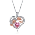 S925 silver heart necklace with rose gold flowers and brilliant pink heart gemstone - Pendant Only (Without Chain) / October Birthstone (Pink Zirconia)