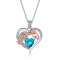 S925 silver heart necklace with blue gemstone and rose gold flower details - Pendant Only (Without Chain) / December Birthstone (Medium Sea Blue Zirconia)
