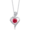 Collier cœur en argent S925 avec pierre de naissance rouge et détail rose - Corindon Rouge (Juillet)