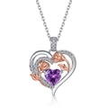 S925 silver heart necklace with purple amethyst gemstone and rose gold flower accents - Pendant Only (Without Chain) / February Birthstone (Purple Zirconia)