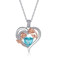 S925 silver heart necklace with rose gold flowers and heart-shaped light blue gemstone - Pendant Only (Without Chain) / March Birthstone (Light Aquamarine Zirconia)