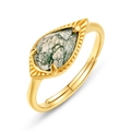 Anello aperto vintage in argento S925 dorato con agata muschiata a goccia - Aperto Regolabile / Muschio Verde