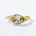 S925 Silberring mit tropfenförmigem Moosachat und graviertem goldenem Finish - Einstellbar Offen / Gold (RG021500)
