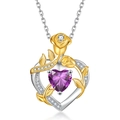 S925 silver heart necklace with a large purple gemstone and gold rose detail - February Purple Red (With Chain)
