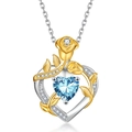 S925 silver heart necklace with golden rose and heart-cut blue sapphire stone - March Aquamarine Blue (With Chain)