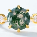 Natural round moss agate ring in S925 gold-plated silver with square side stones - Adjustable Open / Gold and Green