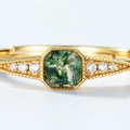 Anillo de plata S925 bañada en oro con ágata musgo cuadrada y circonitas de estilo vintage - Abierto Ajustable / Piedra Principal Cuadrada de Oro de 10K (RG019630)