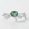 Eleganter S925 Silberring mit grünem Moosachat und Zirkon-besetztem Rankendesign - Einstellbar / Ovaler Hauptstein (RG021728) / Silber