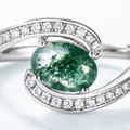 Natural green moss agate ring in S925 silver with elegant twisted band and accent stones - US 6# / Thick Silver White Gold