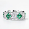 Elegante S925 zilveren brede ring met wit micropavé en groene accenten in klavervorm - US 9# / Zilver