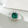 Vintage S925 silver ring featuring emerald-cut green gemstone with white side stones - HK11# / Silver