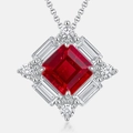 Luxury S925 silver necklace with square cut red ruby and sparkling diamond halo - 925 Silver / Lab-Grown Ruby