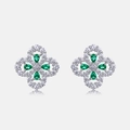 S925 silver stud earrings with emerald-green quatrefoil clover and white zircon accents - Stud Earrings / Lab-Created Emerald Studs
