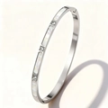Dettaglio di un bracciale in acciaio inossidabile argento con inserti in madreperla bianca - Bracciale Rigido con Intarsio di Conchiglia e Zirconia / Argento (Colore Acciaio)