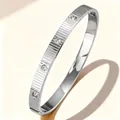 Silver-colored brushed stainless steel cuff bracelet with two inset round diamonds - Steel Color Brushed Double Zirconia (47-B-5)