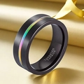 Polished black tungsten carbide ring with rainbow inlay on elegant gold silk fabric - Black with Rainbow