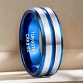 Macro view of blue and silver tungsten carbide ring with brushed finish and inner engraving - US 7 / Blue