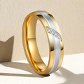 Two-tone brushed titanium steel ring with three clear crystals in gold and silver - US 10 / Two-tone Brushed Inlaid Zirconia Style (1-A-1)
