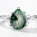 Pear cut moss agate silver ring with marquise cluster accent stones on white background - US6# / Thick Silver White Gold