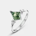 Kite-cut green moss agate S925 silver open ring with side cubic zirconia accents - Kite-Shaped Ring (RG022659) / 925 Silver / Open Adjustable (Main Stone 7x10mm) / Silver/Green