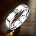 Minimalist silver stainless steel wide band ring with a single sparkling diamond inlay - US 7 / Single Stone Style (6mm) / Silver