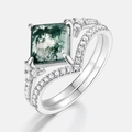 Green moss agate ring set with square stone and V-shaped silver pavé band - US6# / Silver