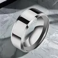 Polished silver stainless steel wide band ring for men on grey marble texture surface - US 7 / 8mm / Steel Beveled Polished