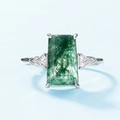 Three-stone S925 silver ring featuring rectangular green moss agate and side zircons - Adjustable / Green