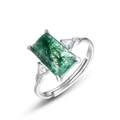 S925 sterling silver ring with rectangular green moss agate and triangle zircon accents - Adjustable Open / Green Moss