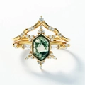 S925 Silber Moosachat Ring-Set mit hexagonalem Stein und Vergoldung - US 6# / 5*8mm Stein / 10K Gold + Elektrophoretischer Lack