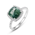 S925 Silberring mit quadratischem Moosachat und funkelndem Zirkonia-Besatz im Halo-Stil - Kissen-Schliff (RG022746)
