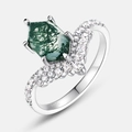 S925 sterling silver crown ring with hexagonal green moss agate and zircons - US 6# / Hexagon Green Moss Agate