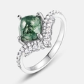 Classic crown S925 silver ring featuring a square moss agate and sparkling zircons - US 6# / Cushion Green Moss Agate
