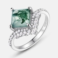S925 silver crown ring featuring square moss agate and cubic zirconia pavé setting - US 6# / Princess Square Green Moss Agate