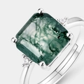 Square green moss agate ring in S925 silver with side zircons and adjustable band - Adjustable US 7 / Thick Silver White Gold