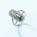 Adjustable S925 silver ring featuring a rectangular green moss agate with vintage engraving - Natural Moss Agate Ring / 925 Silver