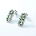 Rectangle S925 silver earrings featuring natural green moss agate stones in vintage style - Natural Moss Agate Stud Earrings / 925 Silver