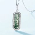 Retro S925 silver necklace with rectangular green moss agate pendant on light blue background - Pendant Only (No Chain) / 925 Silver