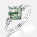 Bague ajustable en argent S925 avec agate mousse verte rectangulaire et zircons - Style Coussin