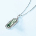 Rectangle green moss agate pendant necklace with silver textured frame and chain - Natural Moss Agate Pendant With Chain / 925 Silver