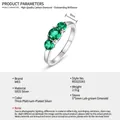 Detail view of S925 silver ring featuring three 5mm round lab-grown emerald stones - US6# / Silver