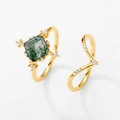 S925 silver gold-plated cushion cut moss agate ring set with V-shaped diamond band - US6# / 10K Gold Plated (Pillow Shape)