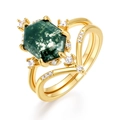 Vintage gold S925 silver ring featuring hexagonal moss agate and cubic zirconia - US6# / 10K Gold Plated (Hexagon Shape)